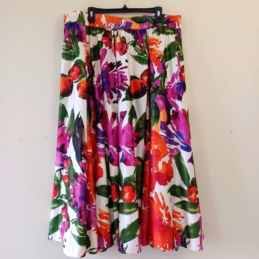 2X Skirt‎ Maxi Long Full Aline High Waist Floral Tropical Satin Pullon Studio Ey
